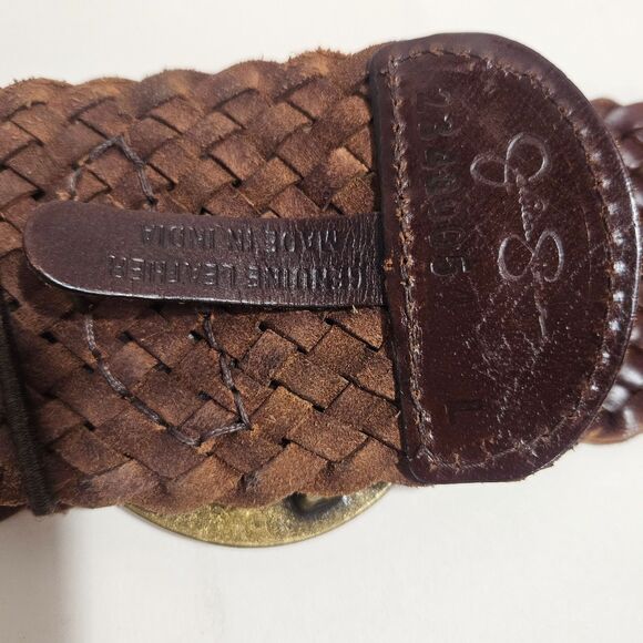 JS Extra Wide Woven Leather Hip Belt Brown Brass Oversized Buckle Boho Western - Picture 6 of 6